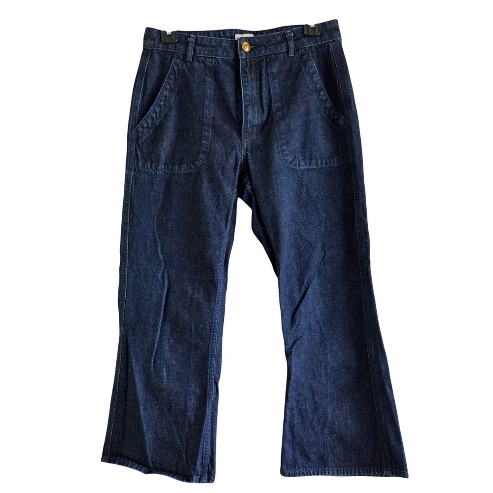 Tory Burch Women Dark Indigo High Rise Wide Leg Denim Jeans Gold Logo Button 29 - Picture 2 of 13
